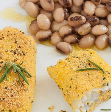 Merluzzo in crosta di polenta al rosmarino con fagioli Lupinaro